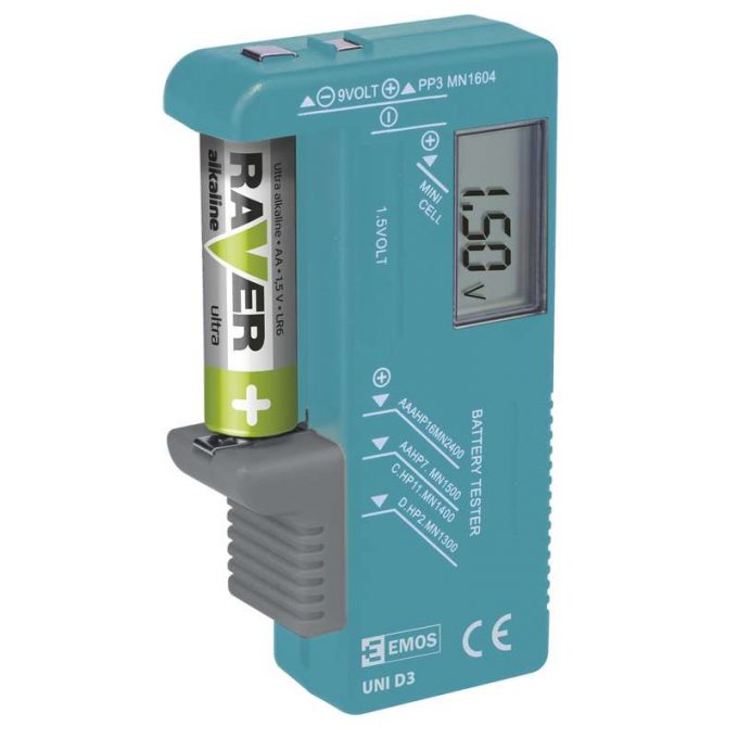 Tester batérií typu AA, AAA, C, D, 9V a gombíkové